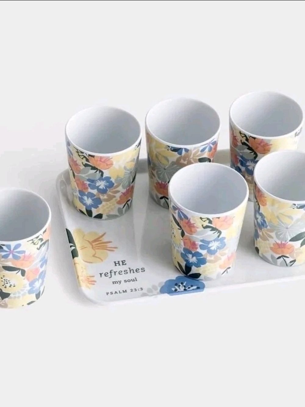 Floral Pastel Ceramic Tumbler Set 6cups 1 Tray "He Refreshes My Soul" Psalm 23:3